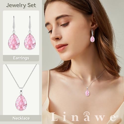 Linawe Crystal Jewelry Sets for Women, Imitation Diamond Pendant Necklace, Rhinestone Drop Dangle Earrings, Birthstone Cubic Zirconia Matching Wedding Jewelry, 14K Gold/Rose Gold/Silver Tones2