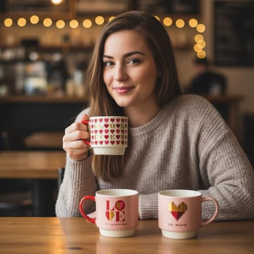 Deconox 2'li İstiflenebilir Porselen Kupa Seti - Üst Üste Duran Kalp ve Love Temalı Kule Bardak - 2 Farklı Modelden Biri (Sürpriz/Asorti) - Sevgiliye Hediye - Görsel 6