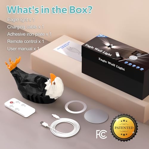 Bald Eagle Wall Light, American Animal Bird Wall Night Light, Magnetic Led Wall Mounted Eagle Lamp, with Remote Control, USB Charging, Battery Operated & Removable Charging Eagle Light for Indoors
