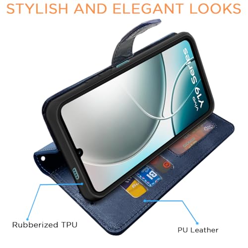 Image of Amazon basics Flip Cover for Vivo Y19e / Y04 4G / Y29s 5G | Wallet Style & Stand | Dual-Tone PU Leather Finish | Magnetic Flip Case (Navy & Light Blue)