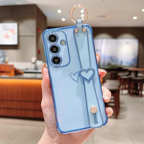 ZTOFERA for Samsung Galaxy S25 Plus 5G Case with Wrist Strap,Luxury Cute Plating Edge Love Hearts Pattern for Girls Women, Finger Holder Kickstand Soft Shockproof Phone Case for S25 Plus 6.7",Blue by ZTOFERA - Used condition - US$8.07
