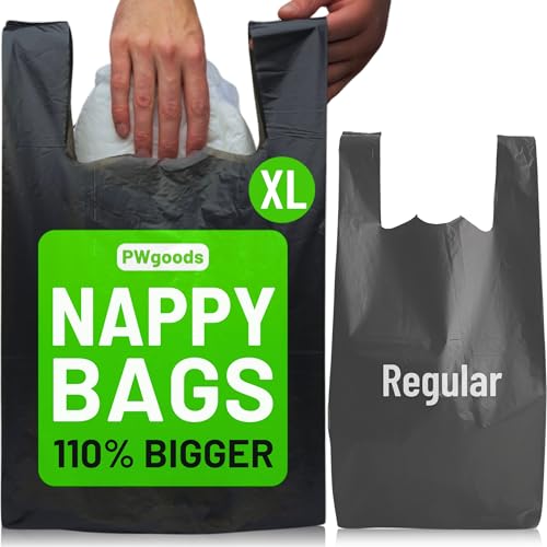 Extra Large Adult Nappy Bags - 160 Pack, 110% Bigger & 20% Thicker Sacks, Easy Tie Handles, Made from 100% Recycled Plastic, Odour Free, Discreet Black, Strong Sanitary Disposal Bag