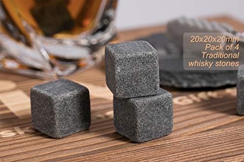 Whiskey Stones and Glass Gift, 4 Whisky Stones + Twist Whisky Rock Glass + Slate Coasters for Whiskey and Scotch, Christmas/Birthday/Fathers Day Gifts/Present for Men/Women