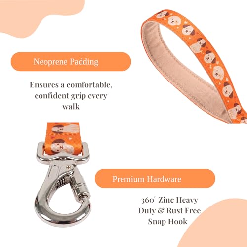 Image of Wag and Wilder Heavy Duty Dog Collar and 5 FT Leash Set for Large Dogs - Quick Release Buckle, Neoprene Padded Handle & Strong Metal Hook (Puppy Parade Orange)
