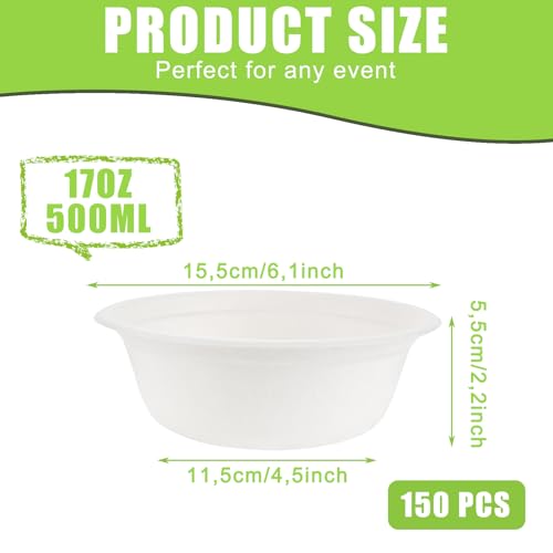 LOPYXBR 150 Stück Suppenschalen Einweg 500ml/17oz Suppenteller Einweg Pappe Suppenschalen Weiß Pappschalen Kompostierbares Suppenschüssel für Party, Haushalt, Picknick