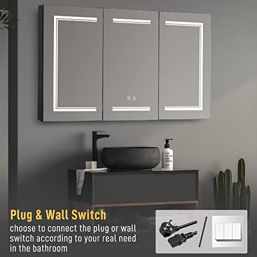 FCH 48 Inch Medicine Cabinet with LED Mirror Bathroom Wall Cabinet with Dimmable Lights, 48\"×28\" Anti-Fog Bathroom Wall Storage with 2 Outlets 2 USB Ports 3 Inside and Outside Mirror Door