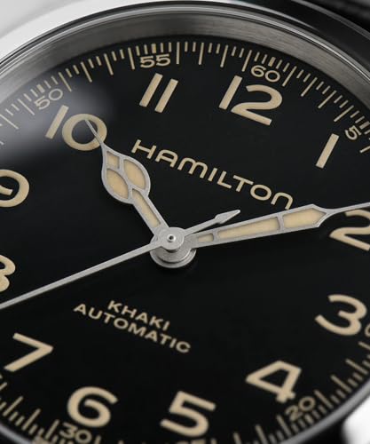 Image of Hamilton Khaki Field Murph Automatic Men's Watch, 38mm Stainless Steel Case, Swiss Made, Black Dial Analog Wrist Watch for Men, 100m Waterproof, Sapphire Crystal, 3-Hand Movement, Cow Leather Strap