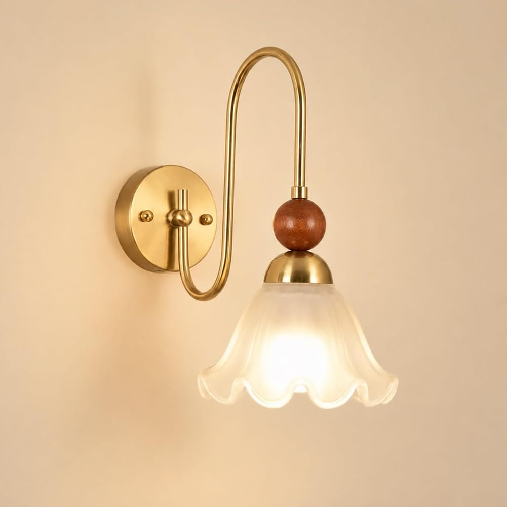 LOGT Modern Indoor Wooden Wall Sconce, E27 Socket, Florentine Flower Glass Shade, Bedside Lamp, Wall Crystal Lamp, Vintage Metal Walllight, Decorative Light for Bedroom, Living Room, Dining Room