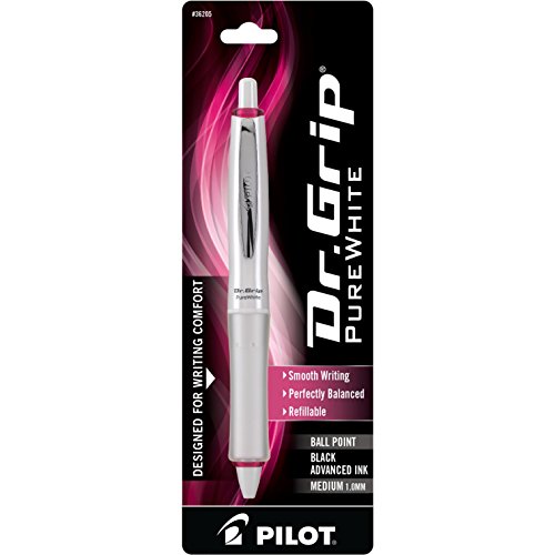Pilot Dr. Grip PureWhite Refillable & Retractable Ballpoint Pen, Medium Point, Pink Accents, Black Ink, Single Pen (36205)