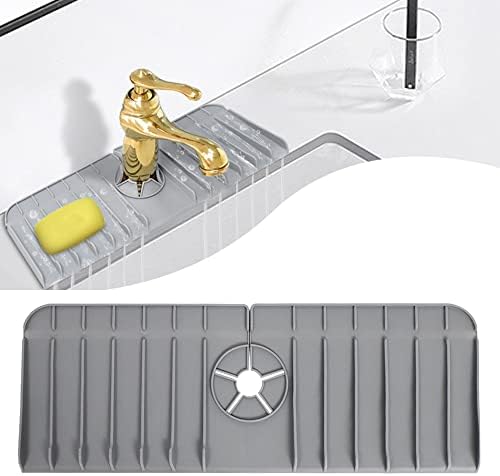JARFAR Kitchen Sink Splash Guard Silicone Faucet Mat Drip Catcher Tray Silicone Soap Sponge Holder Faucet Splash Guard for Kitchen Double Sink Protector Pad for One Hole Faucet Countertop,Grey