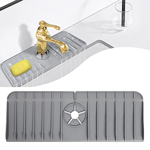 Jarfar Kitchen Sink Splash Guard Silicone Faucet Mat Drip Catcher Tray Silicone Soap Sponge Holder Faucet Splash Guard For Kitchen Double Sink Protector Pad For One Hole Faucet Countertop,Grey #TOP12