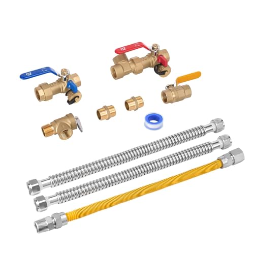 VEVOR Water Heater Kit, 3/4 Inch Cold & Hot Water Plumbing Repair Kit with 600 WOG Isolation Valves, Pressure Relief Valve, Dual-Layer Gas Hose, Compatible with Most Tankless Waters Heater Brands by VEVOR - Image 3
