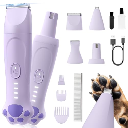 Veeconn Dog Paw Trimmer - 4-in-1 Dog Clippers Grooming Kit with Low Noise & IPX7 Waterproof Design Includes Comb Paw Trimmer Nail Grinder - Rechargeable & Cordless Pet-Friendly Clipper (Purple)