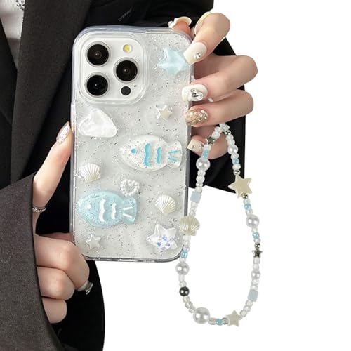 Coque iPhone 16 Pro poisson bleu pailleté avec chaîne pour sublimer vos looks d'été