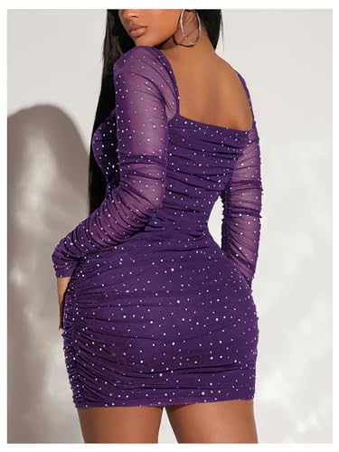 Image of Floerns Women's Sequin Mesh Long Sleeve Square Neck Ruched Mini Bodycon Dress
