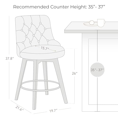 Watson & Whitely Modern Swivel Bar Stools, Faux Leather Upholstered Counter Height Bar Stool with Back, Solid Wood Legs, 26\" H Seat, Set of 2, White