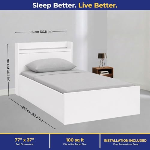 Image of DELITE KOM Single Bed with Box Storage & Headboard Shelf Storage, Cherry Engineered Wood Bed, Frosty White, 83x37 Inches, 1 Year Warranty, Installation Included