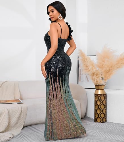 Image of Cololura Women Sexy Elegant Sequin High Split Ruffled Hem Mermaid Party Cocktail Bodycon Formal Evening Gowns Maxi Dress
