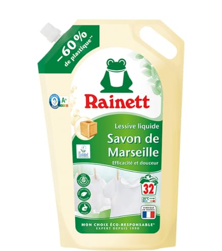RAINETT – Detergente líquido – Tensioactivos de origen vegetal – Eficaz desde 20 ° – Ecolabel – Jabón de Marsella – 32 lavados – Eco recarga 1,6 L