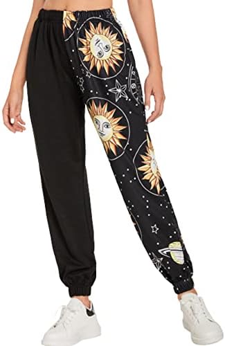 WDIRARA Women's Graphic Print Elastic Waist Sweatpants Casual Long Joggers Black M