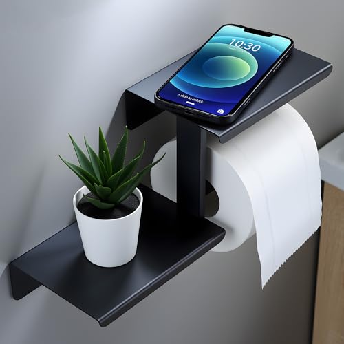 AIDILI Adhesive Toilet Paper Holder with Double Shelf, No Drilling Wall Mount Toilet Tissue Roll Holder, Rustproof & 304 Stainless Steel Bathroom Storage Dispenser