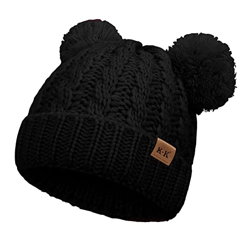 BLURBE - BLURBE Baby Girls Bobble Hat - Toddler Winter Beanie Hats Kids Warm Knitted Beanies Double Pom Pom Hats Bonnet Cap for Children Boys Girls 1-6Y Black - -14%