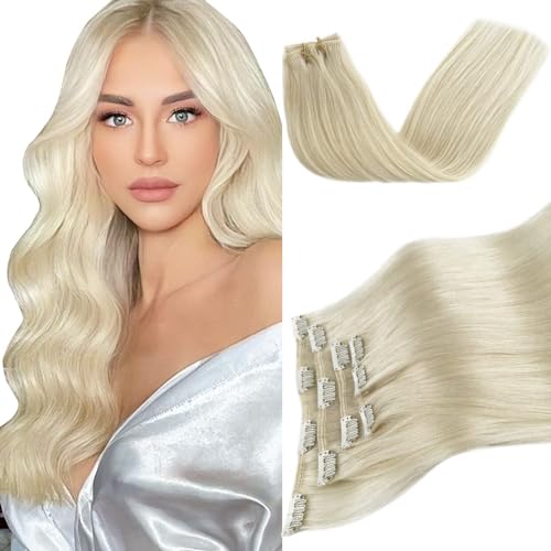 Image of Platinum Blonde Clip in Hair Extensions Real Human Hair Blonde 70g 5pcs Remy Hair Extension Clip ins Double Weft Handmade Straight Seamless Clip in Extensions for Women Thick Ends 16 Inch