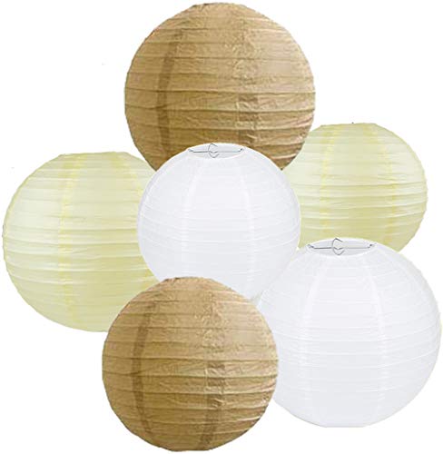 6-Pack Hanging Paper Lantern Party Decor Trio Kit Mixed Cream Tan Brown White Party Tissue Paper Lanterns Rustic Wedding Vintage Baby Shower Birthday Nursery Hanging Decoration