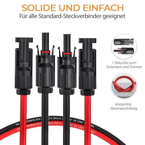 GLIESE Solarkabel 6mm² Kabel,H1Z2Z2-K Solar Verlängerungskabel mit Solarpanel Buchse und Stecker,PV Kabel,Rot+Schwarz Solar Kabel Für Solarpanel Kabel (6mm² x 10m)
