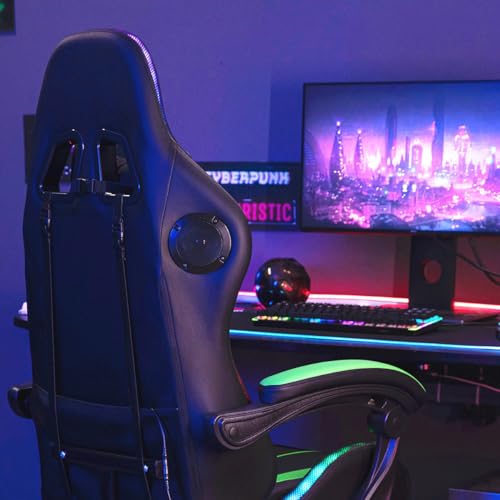 HOFFREE RGB Gaming Chair with Speakers and Massage Ergonomic Computer Chair with Lights and Footrest Reclining Video Game Chairs for Adults Green and Black