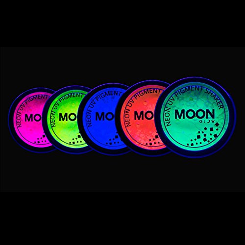 Moon Glow - Blacklight Neon UV Pigment Shaker 0.1oz Set of 5 – Glows brightly under Blacklights/UV Lighting! Use on the face/body, as loose eye shadow and for nail art.