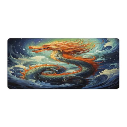 Grand tapis de souris gamer et protection de bureau motif peinture à l'huile dragon