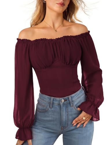 Scarlet Darkness Women's Peasant Blouse Off Shoulder Fall Tops Wine L
