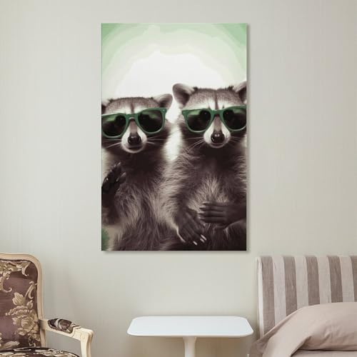 Raton laveur vert drôle avec lunettes de soleil sur toile moderne