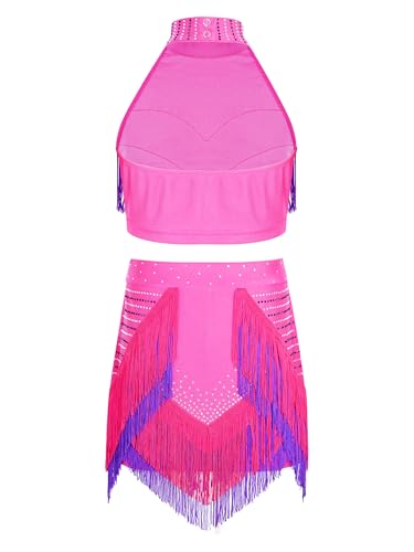 Costume Danse Latine Fille Paillettes Franges Rose Robe Samba 11-12 Ans