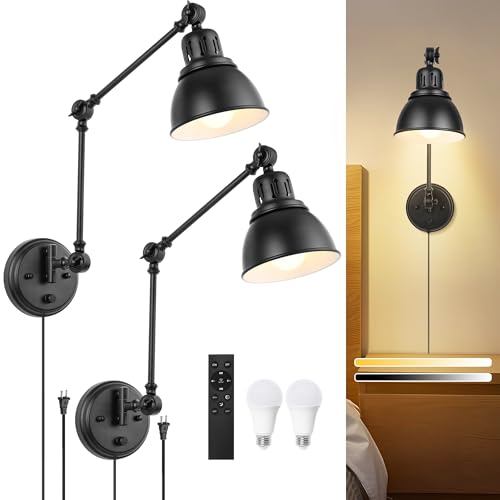 Image of GOODATE 2 Pack Plug in Wall Sconces with Remote, Dimmable, Adjustable Colors, Swing Arm Wall Lamps, Wall Sconces Set of Two with Timer & Night Light, Plug-in or Hardwired (Black, with Bulbs+Remote)