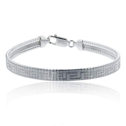 Sterling Silver Silver-Plated 6Mm 060 Gauge Textured Greek Key 7.50" Flat Cleopatra Bracelet #TOP13