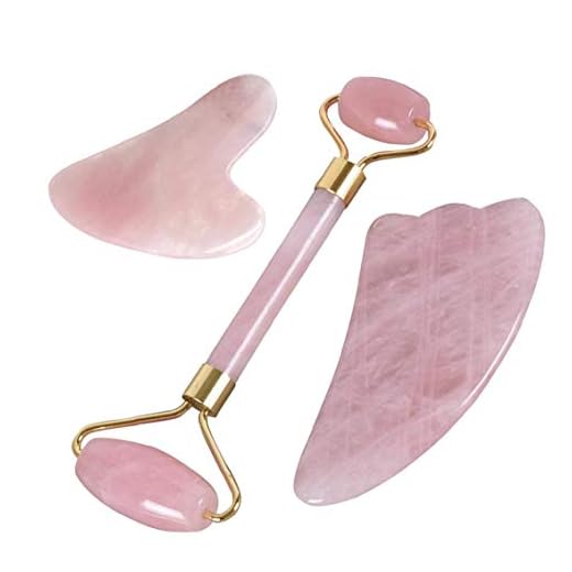 ZYCX123 3 st autentiska jade scooter och Gua Sha verktyg naturkvarts scooter sten ansiktsmassage kit rullemassage anti-aging skönhets-verktyg för kvinnor rosa högtidsgåva