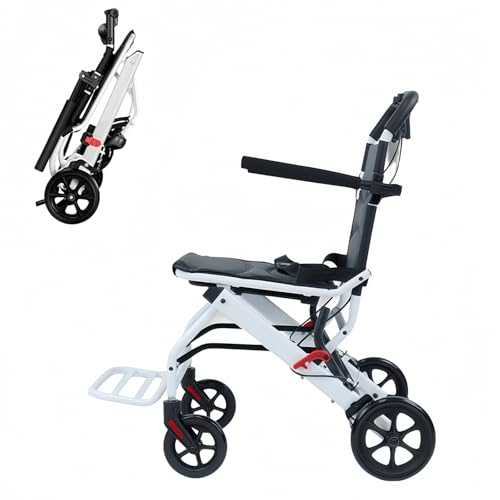 Mehisir Silla de ruedas ligera de viaje, silla de ruedas de transporte todo terreno para adultos, 8,2 kg, frenos dobles, sillas de ruedas plegables con correa de seguridad ajustable y reposapiés A