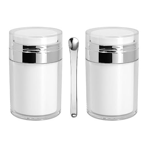 2Pack Airless Pump Jars with Cosmetic Spatula, 3.5 oz Empty Refillable Cosmetic Air Pump Jars Bottles Airless Lotion Cream Dispenser Portable Travel Makeup Containers (Silver) Cover