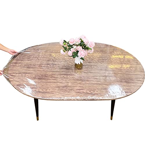 LIBERECOO Clear Oval Fitted Vinyl Tablecloth - Fits 48 x 68 Inch Oval Tables Only, Heavy Duty Elasticized Table Cover Elastic Edged Plastic Tablecloths Protector by LIBERECOO - Used condition - US$20.65