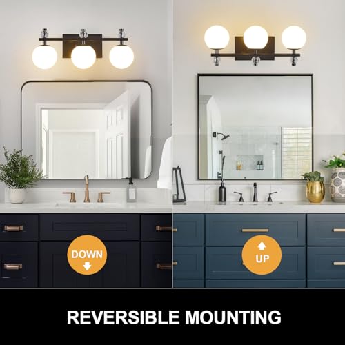 Image of Black 3-Light Bathroom Vanity Light Fixtures Over Mirror Modern Wall Sconce with Milky Glass Ball Shade Mid Century Vanity Lighting for Bedroom