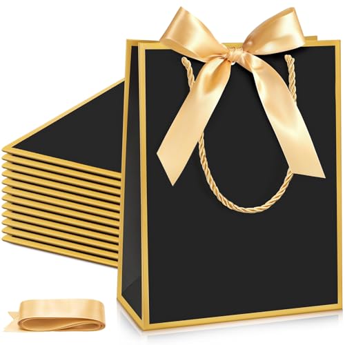 Silkfly 12 Pcs Gift Bags with Handles for Bridesmaid, 12x10x4'' Wedding Welcome Elegant Gift Bags with Bow Ribbon for Graduation Groomsmen Women Baby Shower Birthday Housewarming (Orange,Gold)