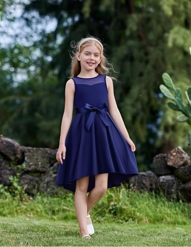 Arshiner Mädchen Ärmelloses Hochzeitskleid Mesh Kleider Blumenmädchen Abendkleid Sommer Kleid Festliches Partykleid Elegant Ballkleid mit Gürtel für Kinder 13-14 Jahre Marineblau