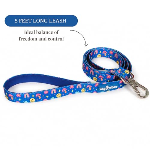 Image of Wag and Wilder Heavy Duty 5 FT Dog Leash for Large Dogs - Neoprene Padded Handle & Strong Metal Hook (Groovy Trails Blue)