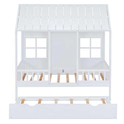 Image of Twin House Beds with Trundle for Kids Montessori Bed Wood Playhouse Tent Bed Frame for Girls Boys, Twin Size , White