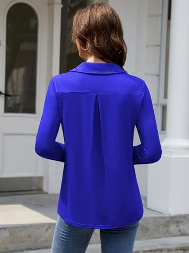 Image of Bulotus Blue Tops for Women Long half Sleeve Banded Collar V Neck Loose Fit Tummy Control Zip Front Pullover No Iron Blouses Flowy Y2k Chic Vacation Holiday Trip Travel Cruise Popular Tunic Outfits