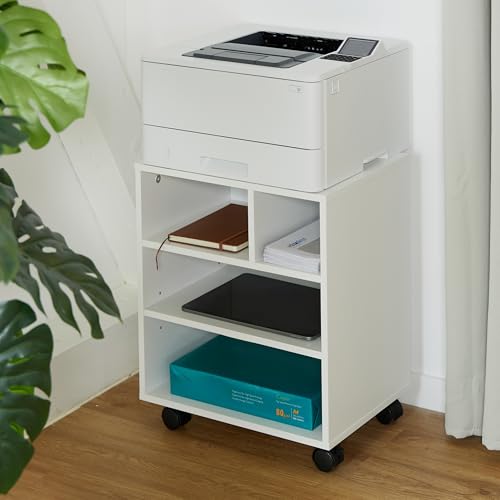 Relaxdays Rollcontainer mit 4 offenen Fächern, Büro Beistellcontainer, mit Rollen, Büroschrank, HxBxT: 49x40x30 cm, weiß