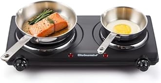 Elite Gourmet EDB-302BF# Countertop Double Cast Iron Burner, 1500 Watts Electric Hot Plate, Temperature Controls, Power Indicator Lights, Easy to Clean, Black