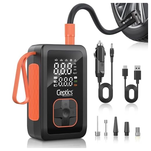 Ceptics Tyre Inflator for Car Compressor Air Pump - 12V DC Auto Pump with Digital Pressure Gauge, 100PSI with Emergency LED Light for Bicycle, Balloons, Bikes, Black
